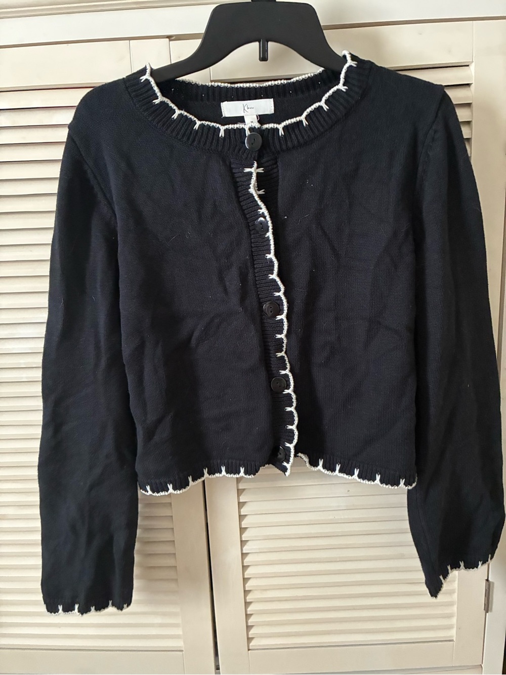 Cropped Black Knit Cardigan with White Trim